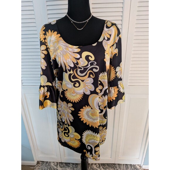 NY Collection Top Women's XL Groovy 1960s Look Yellow Black Sexy Satiny Blouse - Picture 1 of 13